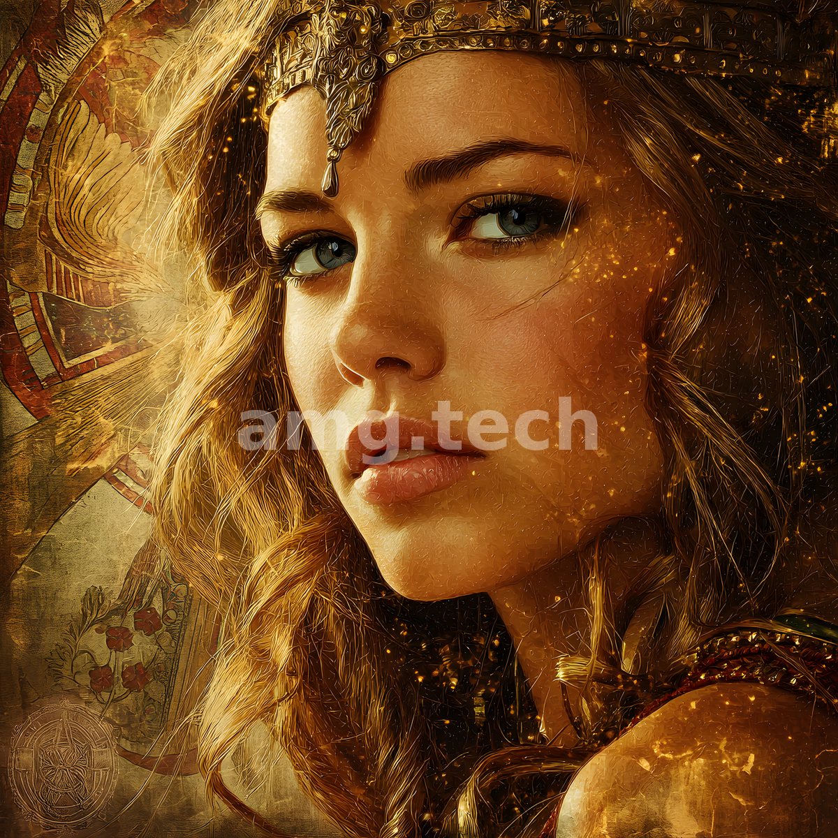 A jewelled headdress crowns this luminous portrait, its subject's blue eyes rendered amid scattered golden light and antique heraldic motifs.