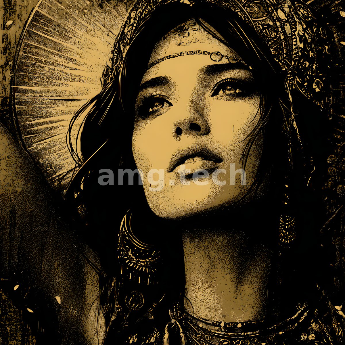 A veiled woman gazes upward before a radiant sunburst, her adornments and drapery worked in dense filigree across warm gold tones.