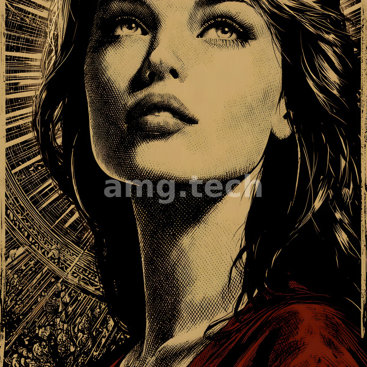 A halftone engraving of a woman lifting her gaze skyward, her red garment vivid against radiating black-and-gold linework.