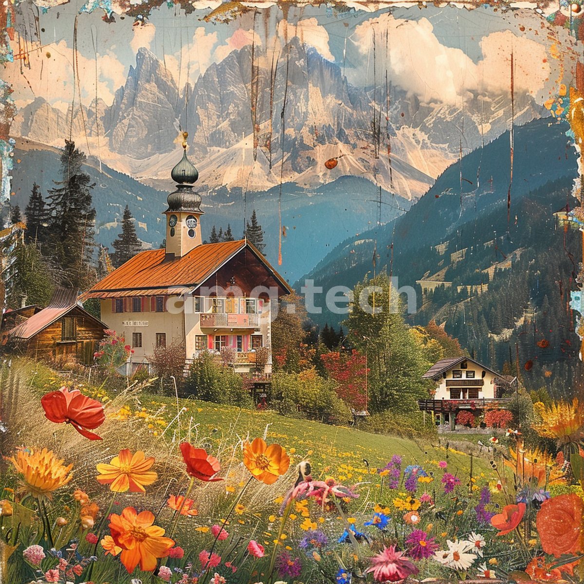 A weathered vintage collage of a steepled house before jagged peaks, its meadow ablaze with poppies, cosmos, and wildflowers.