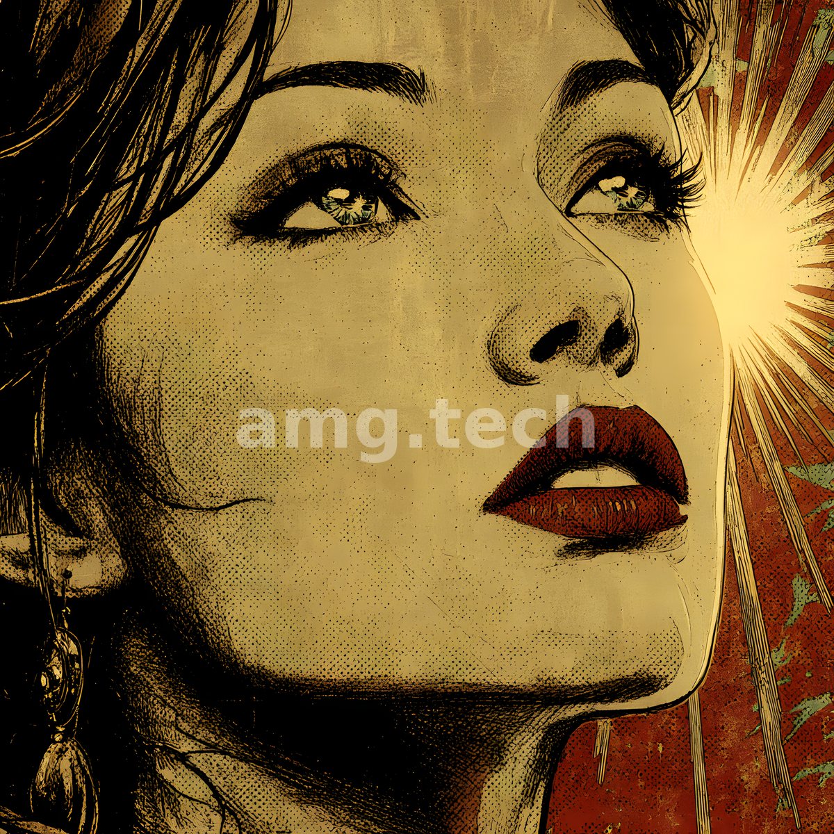 A woman turns her face toward a bursting star of light, her crimson lips vivid against sepia crosshatching and a scarlet ground.