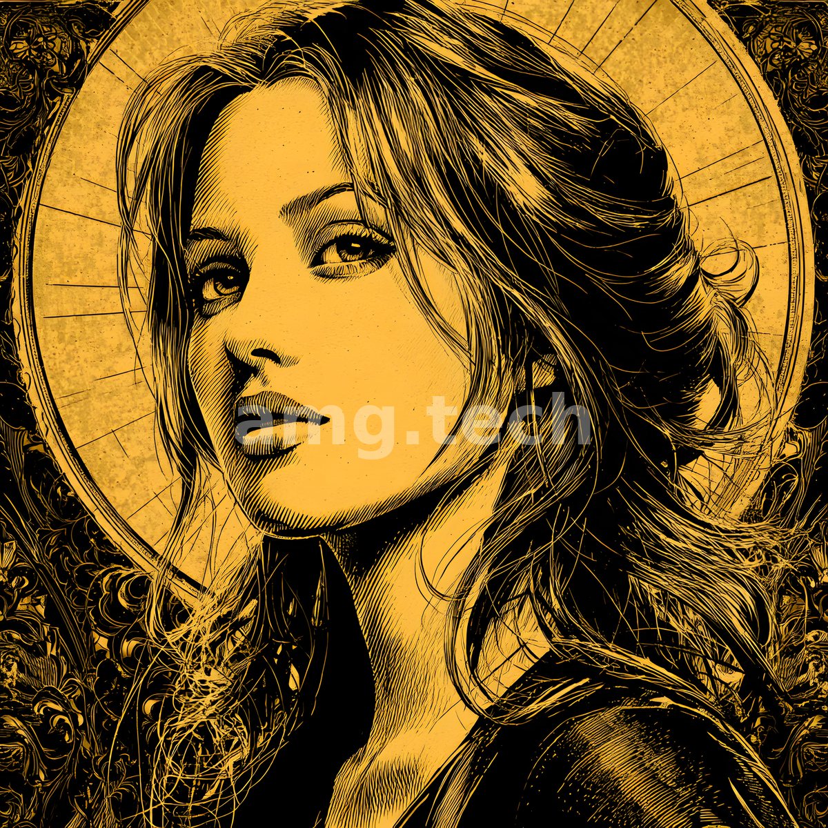 A young woman rendered in luminous gold and ink line-work, her gaze steady before a radiant halo framed by intricate baroque ornament.