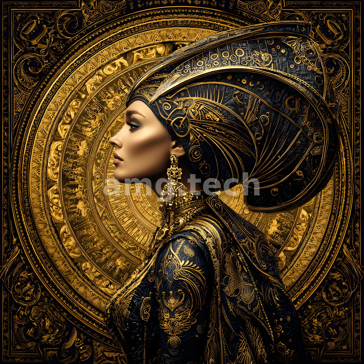A regal profile crowned by an elaborate fanned headdress, set against concentric rings of gold filigree and deep midnight blue.