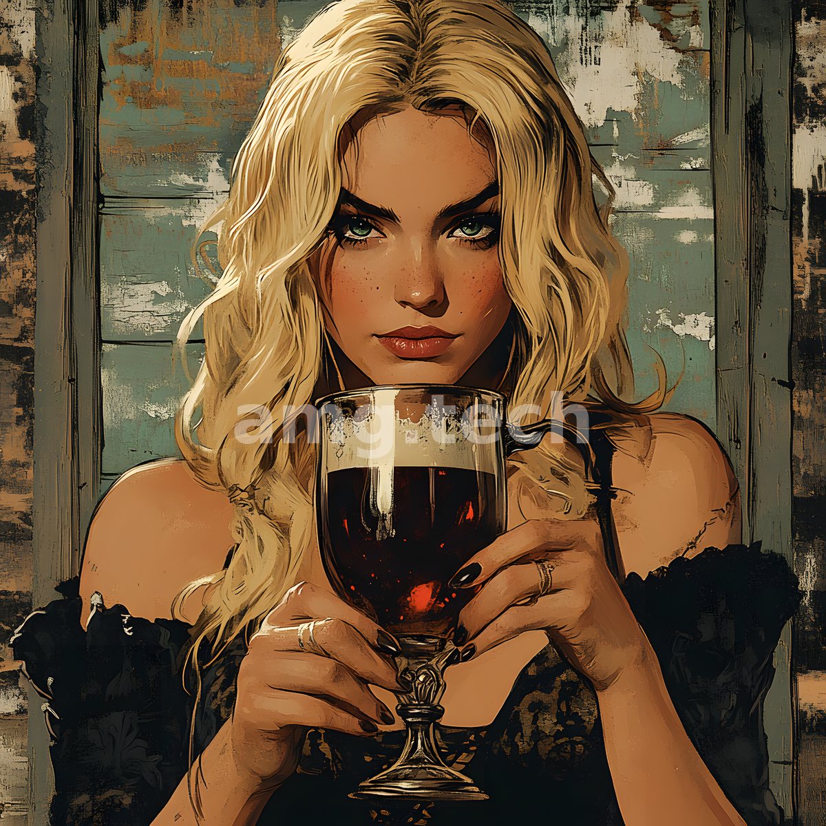 A fair-haired woman cradles a brimming goblet of dark wine, her poised stare framed by weathered painted timber in muted teal.
