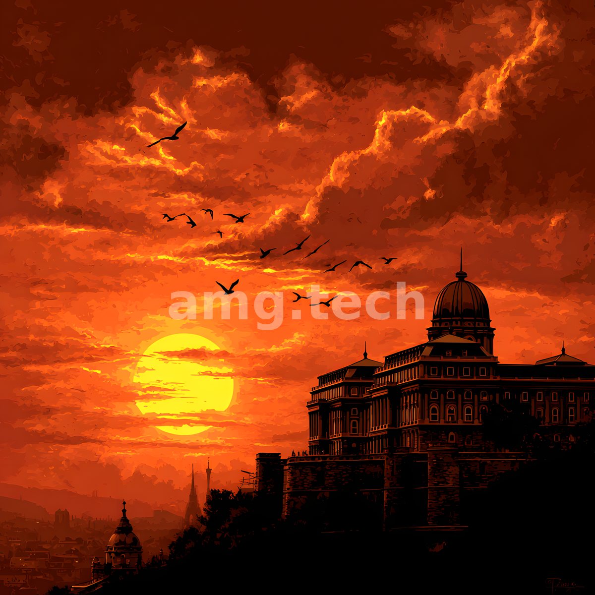 A domed palace stands in silhouette above the hills as birds scatter across a blazing amber sky at sunset.