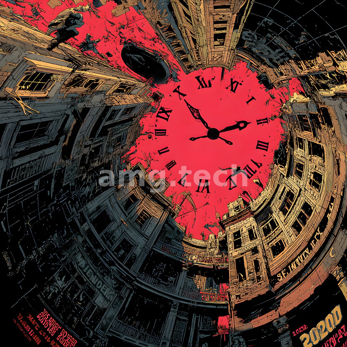 A vast crimson clockface looms at the vortex of a warping cityscape, Roman numerals dissolving into a spiral of tilting facades.