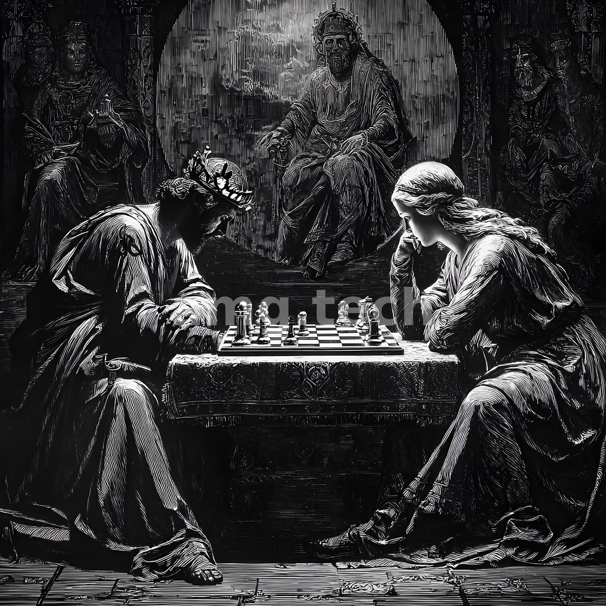 A crowned figure and a poised woman face one another over a chessboard while a shadowed elder presides in solemn monochrome.