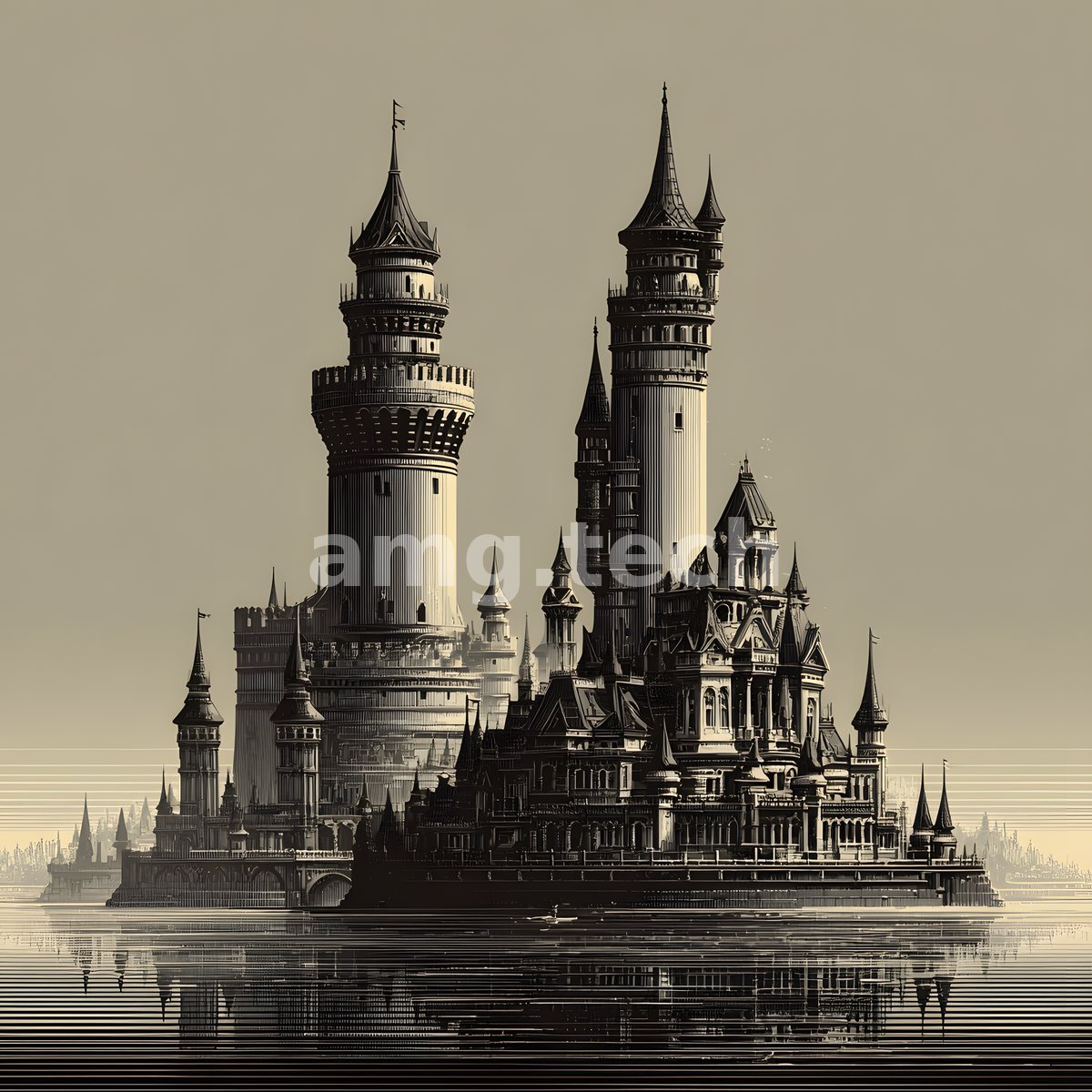 A spired fortress of pale towers and turrets hovers upon its own mirrored reflection, suspended in soft sepia mist.