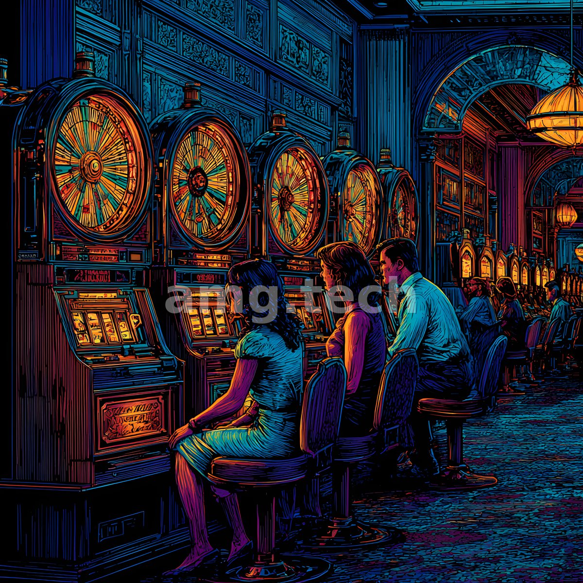Beneath vaulted arches, patrons sit rapt before a row of glowing slot machines in a symphony of electric colour.