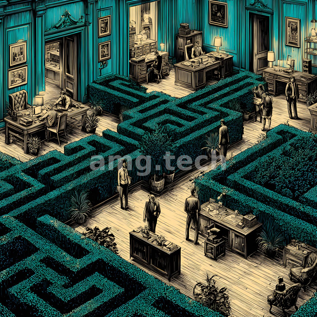 Figures in suits navigate a hedge maze grown through a grand study of desks and portraits, rendered in ink and teal.
