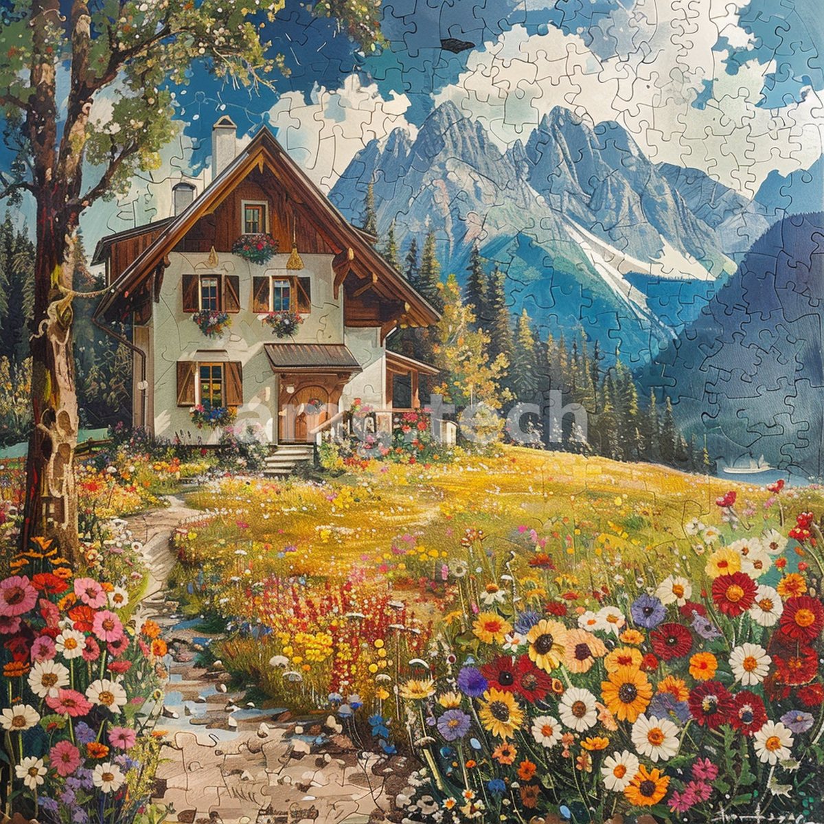 Rendered as an assembled jigsaw, a chalet nestles below snow-touched crags amid a riotous carpet of summer blooms.