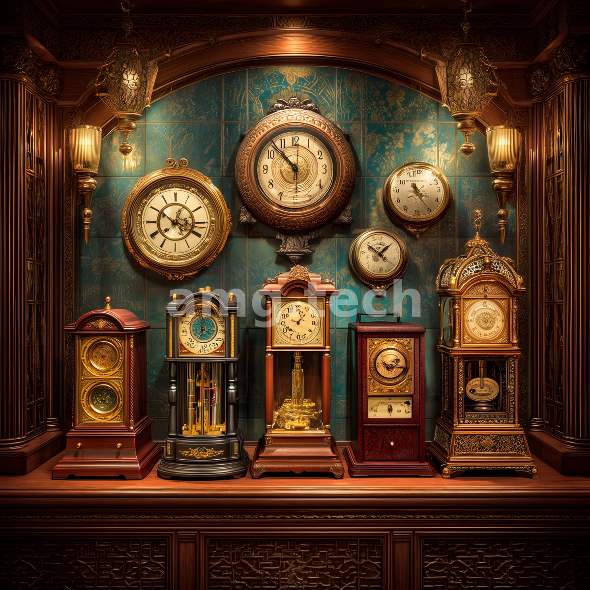 An opulent wood-panelled alcove displays an assembly of antique clocks, their faces and brass mechanisms warmly aglow.