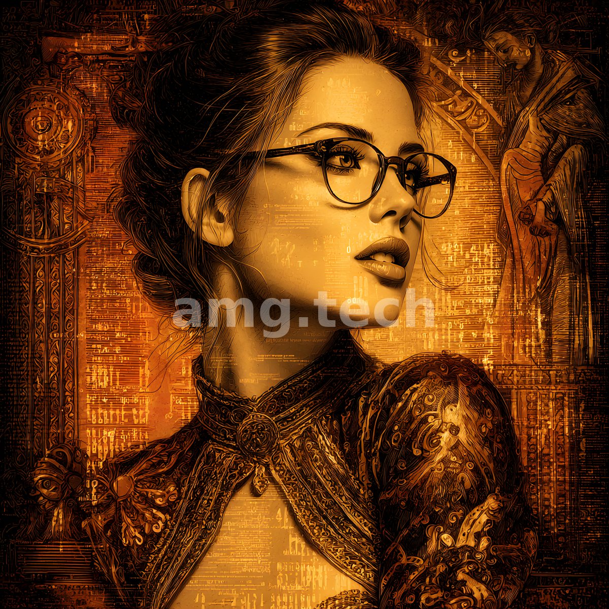 A bespectacled young woman gazes upward amid intricate golden mechanisms and cascading script, luminous against burnished bronze.