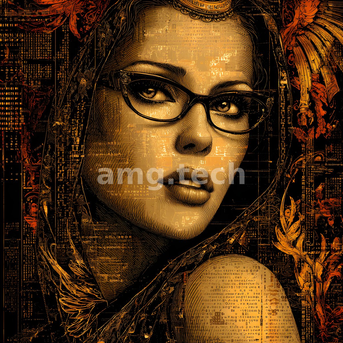 A veiled figure in cat-eye spectacles emerges from a dense weave of code and gilded ornament in molten gold and black.