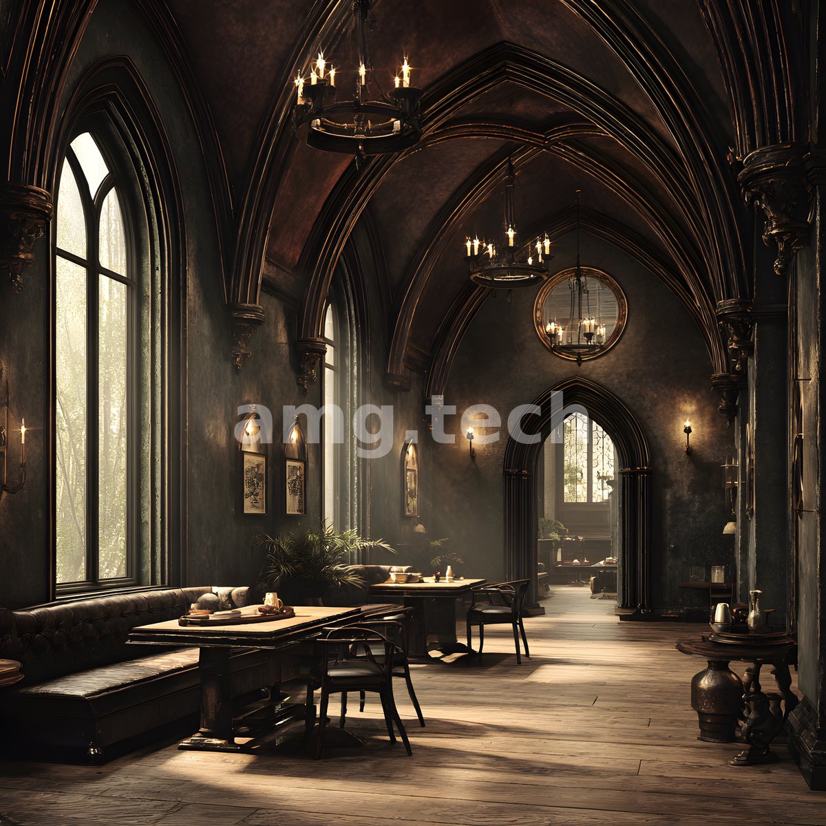 Candlelit chandeliers illuminate a gothic hall of ribbed arches and tall windows, its long tables set in hushed twilight.