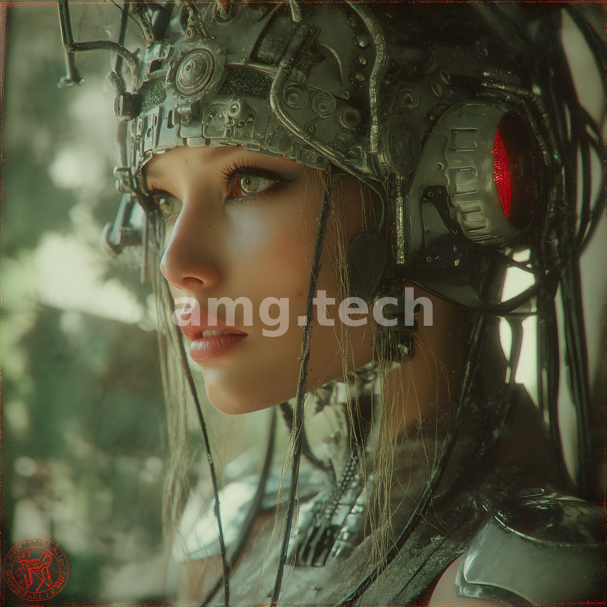 A young woman gazes past the frame beneath an elaborate mechanical headdress, its cabling and crimson lens softened by dappled woodland light.
