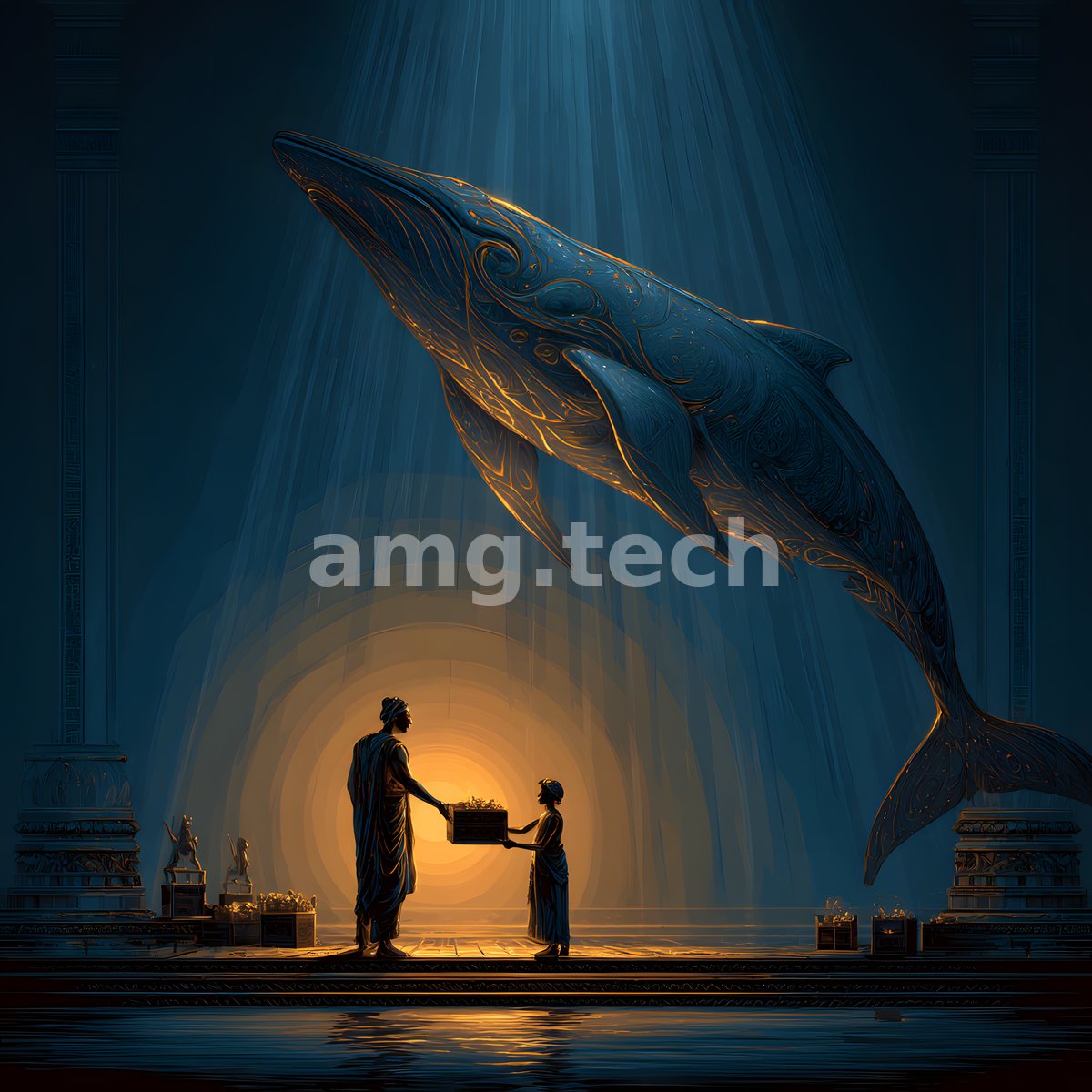 Beneath a luminous, gold-veined whale suspended in shafts of light, two robed figures exchange a small casket within a temple of shadow and water.
