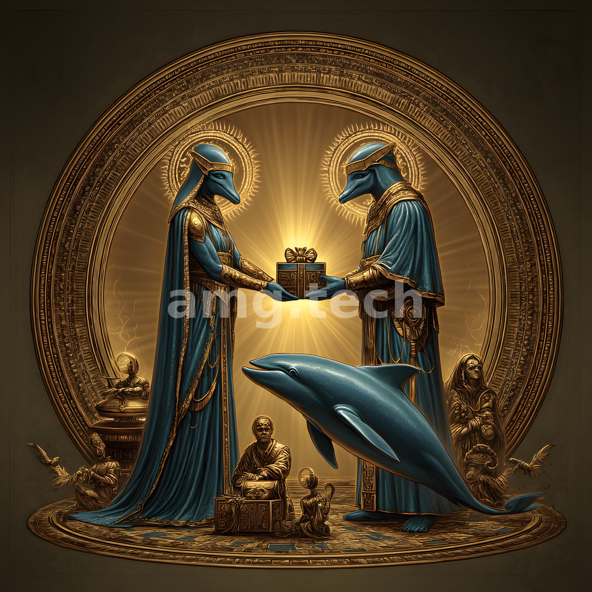 Two gilded, halo-crowned celebrants pass a wrapped offering above a serene blue dolphin, framed by an ornate golden mandorla and attendant devotees.