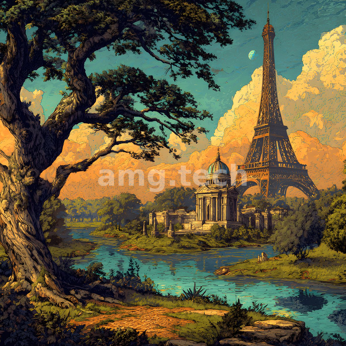 An old master tree frames a river valley where a domed pavilion and the Eiffel Tower rise against towering, sunset-gilded clouds.