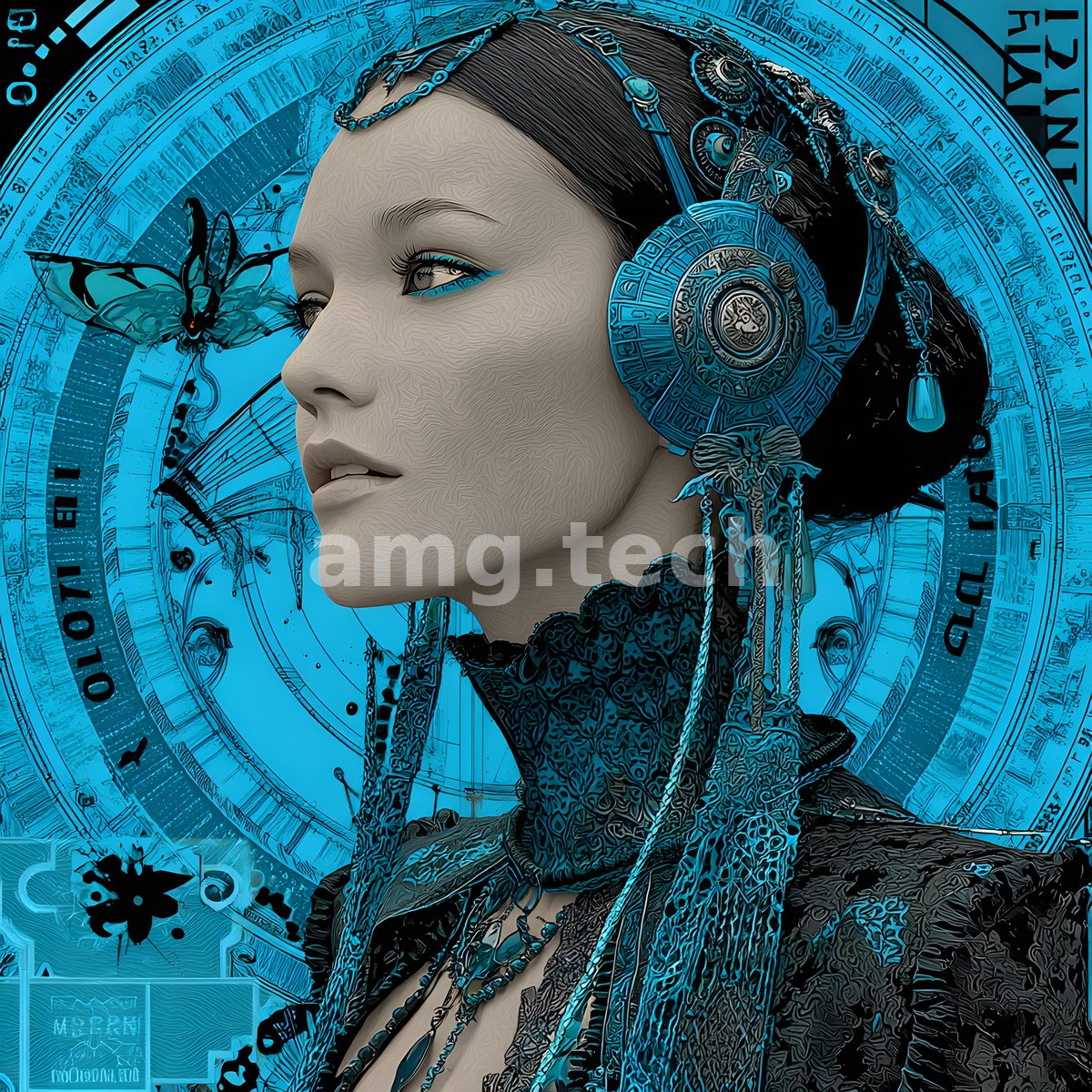 In profile against a vivid cyan clockface, a woman wears ornate headphones and cascading beaded braids while a butterfly drifts near her cheek.