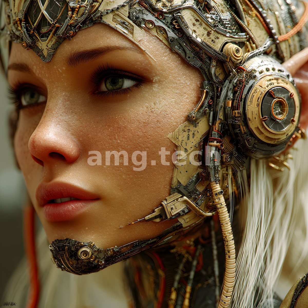 An intimate profile of a woman whose temple and jaw dissolve into intricate golden circuit-boards, cabling, and pale flowing hair.