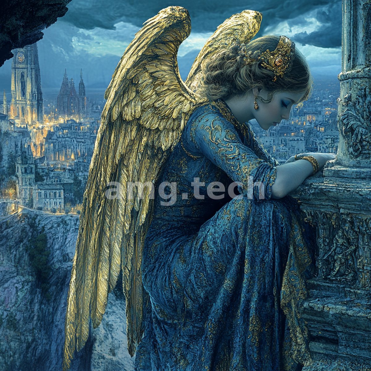 A golden-winged figure in jewelled blue robes rests upon a parapet, gazing down over a luminous nocturnal city below.