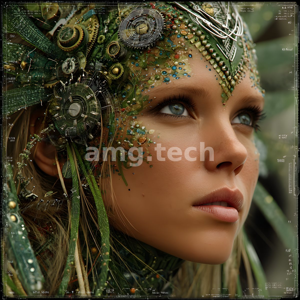 A green-eyed woman lifts her gaze beneath a lush headdress of foliage, gears, and jewelled droplets, half woodland spirit, half mechanism.