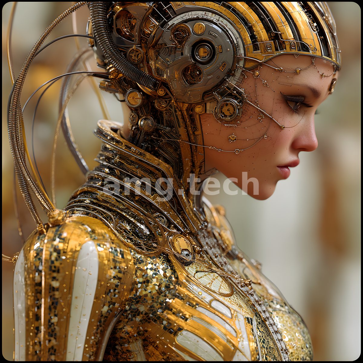 Rendered in gold and ivory, a mechanical figure bows her head, her cranium and shoulders an intricate lattice of clockwork and filigree.