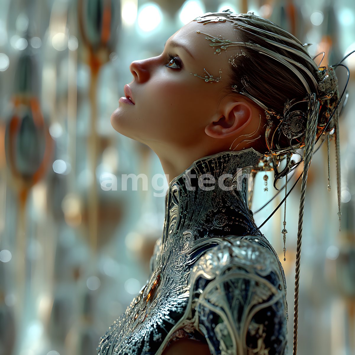 Bathed in shimmering bokeh, a woman tilts her face upward, her silvered gown and filament headpiece catching the diffused light.