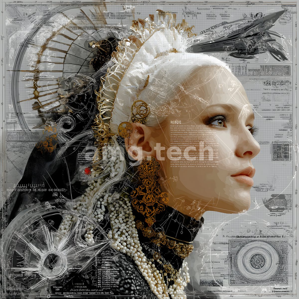 A serene, pale-haired figure crowned in ivory and pearls emerges from a haze of technical schematics and faint golden diagrams.