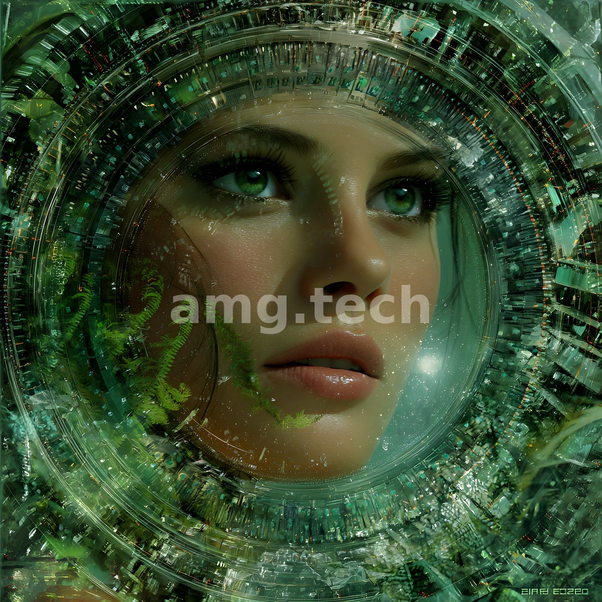 A woman's green-eyed face gazes upward from within a great circular aperture of glass, fern-fronds, and shattered jade light.