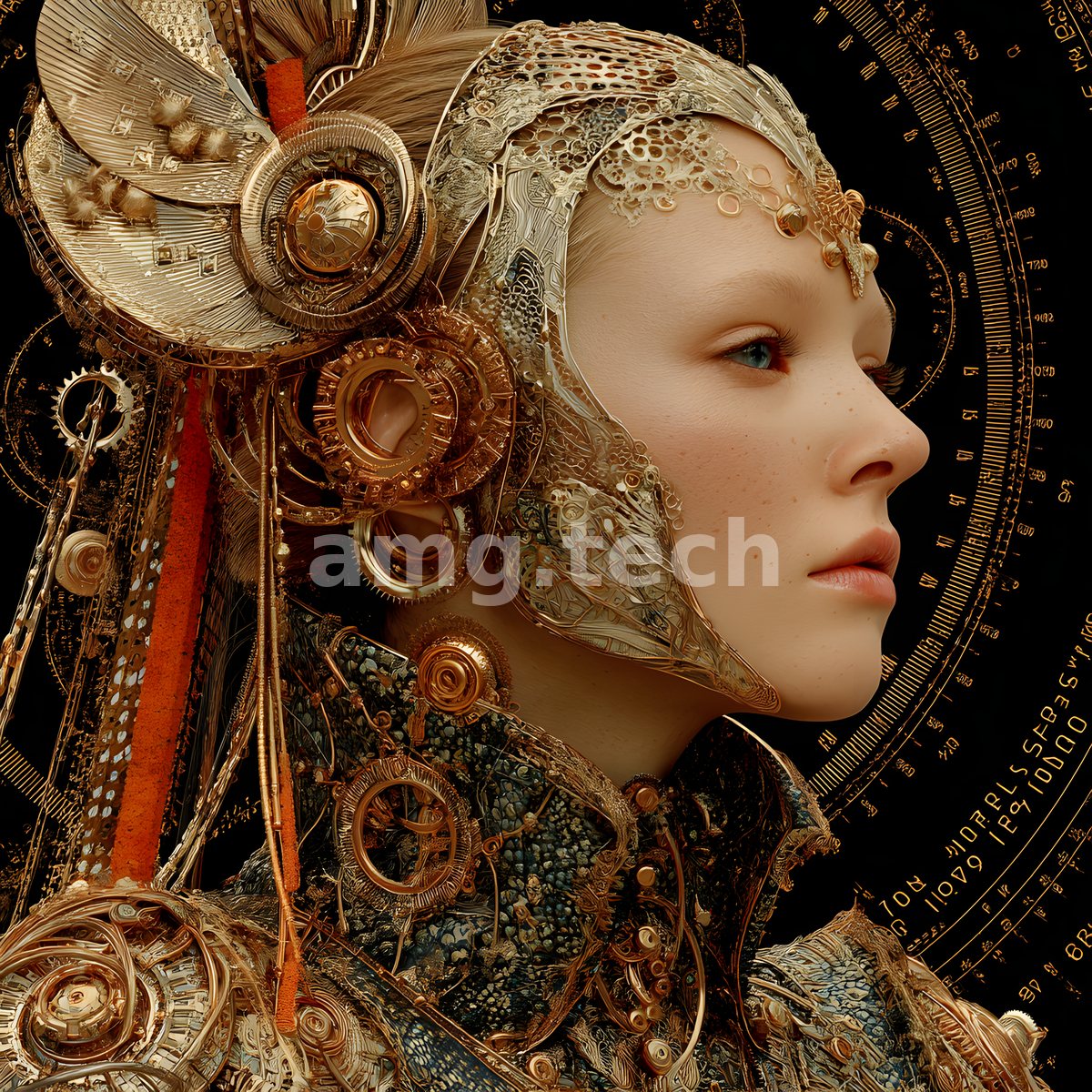 In profile against a dark astrolabe, a young woman wears an ornate headdress of gold cogs, plumes, and jewelled filigree over sculptural attire.