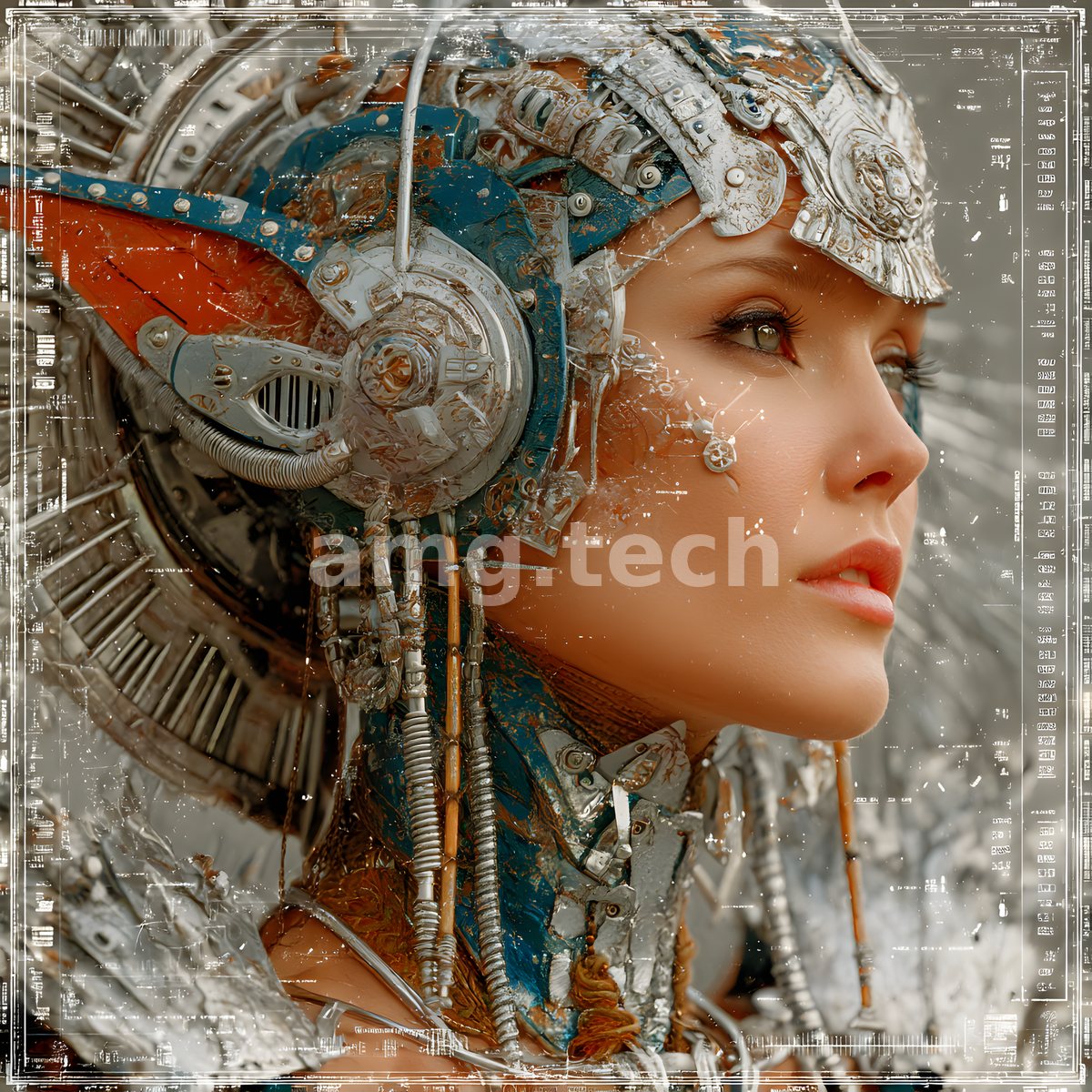 A serene profile crowned in riveted steel and cerulean plating, where classical beauty and clockwork artistry are exquisitely fused.