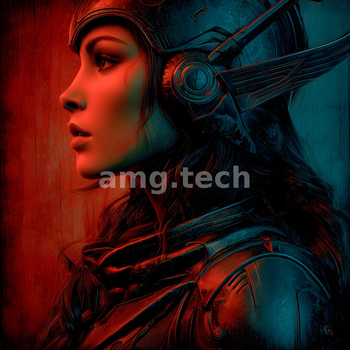 A helmeted warrior gazes into the distance, her poised profile split between fields of burning red and cool oceanic shadow.
