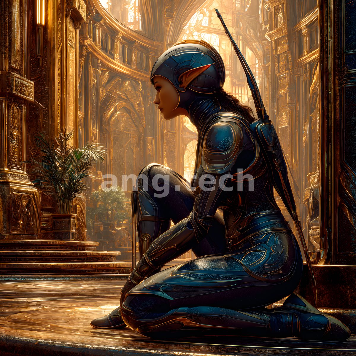 Clad in sculpted midnight armour, a graceful figure rests within a cathedral of golden light and soaring baroque architecture.