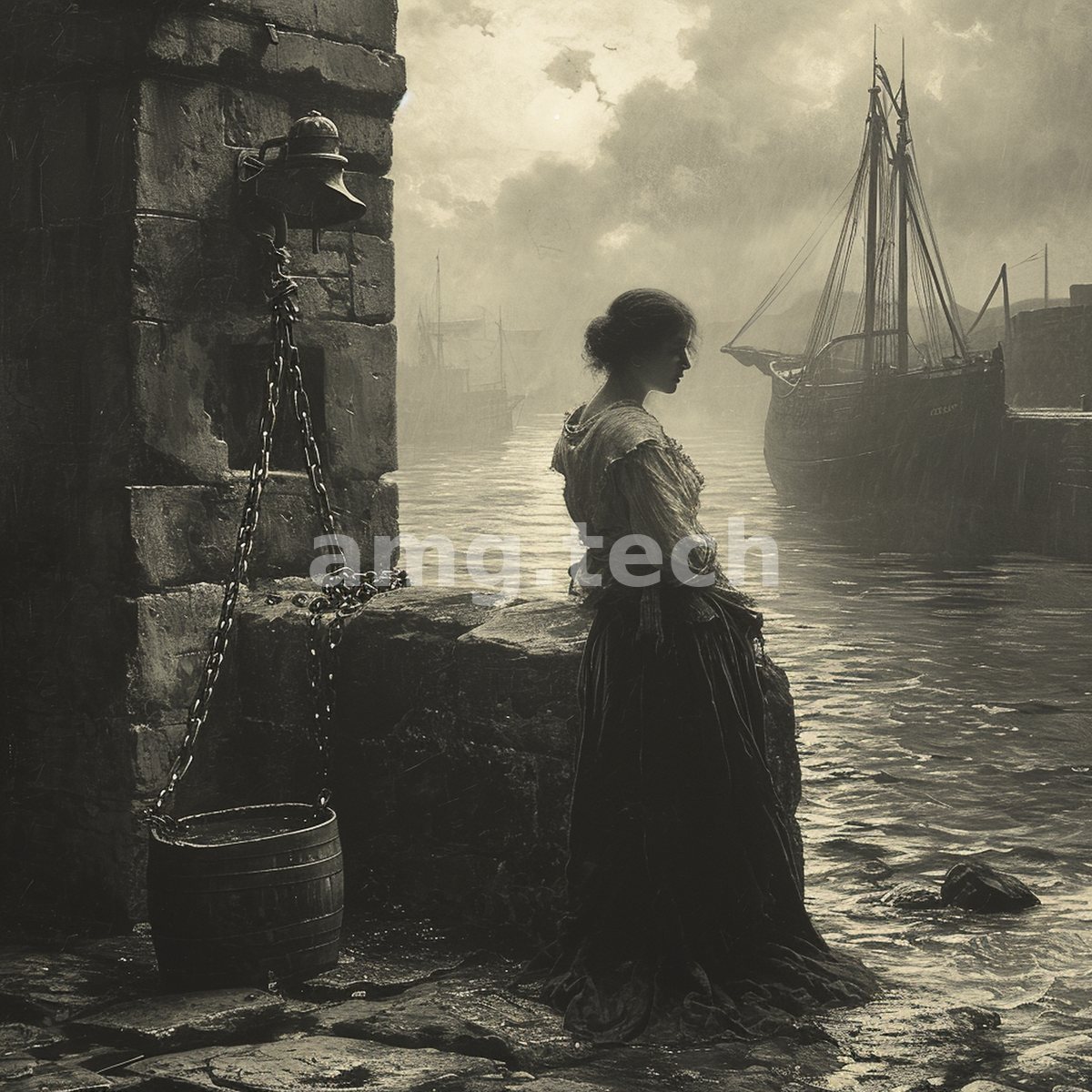 In sepia stillness a woman in period dress lingers on a quay beside a moored schooner, a bell and pail at the stone wall.