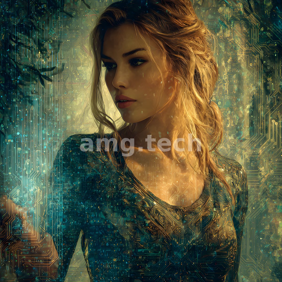 A luminous portrait where flowing hair catches amber light against a shimmering veil of emerald circuit tracery.