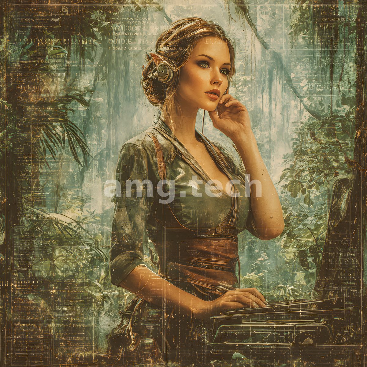 Poised in a sun-faded jungle of blueprints and foliage, a headphoned figure attends to some distant, unheard transmission.