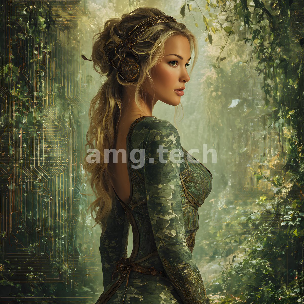 Turning toward a woodland bathed in soft gold, a golden-haired figure in patterned green stands where forest and fine circuitry entwine.