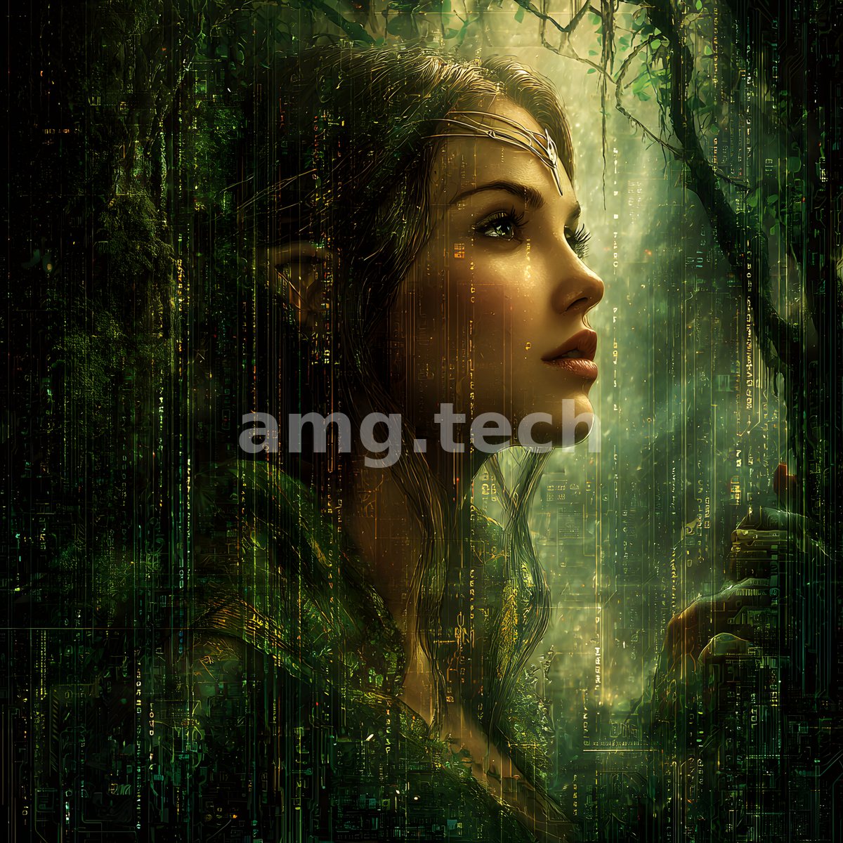 Gazing upward through cascading emerald light, a diademed figure emerges from a dense lattice of luminous data and vine.