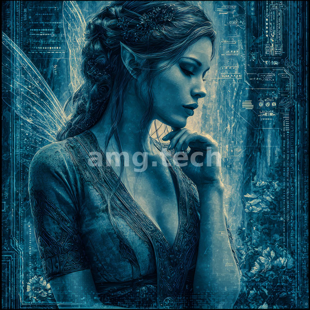 Rendered in cool indigo, a winged, contemplative figure rests her chin in hand amid delicate blooms and intricate blueprint tracery.