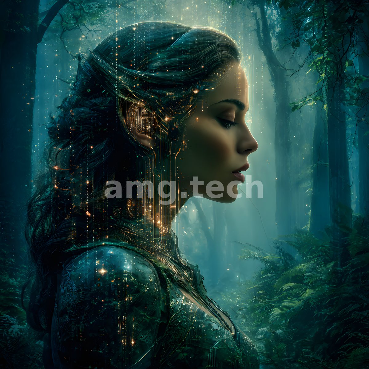 In hushed profile, a figure stands within a misted forest where threads of golden light drift like slow, luminous rain.