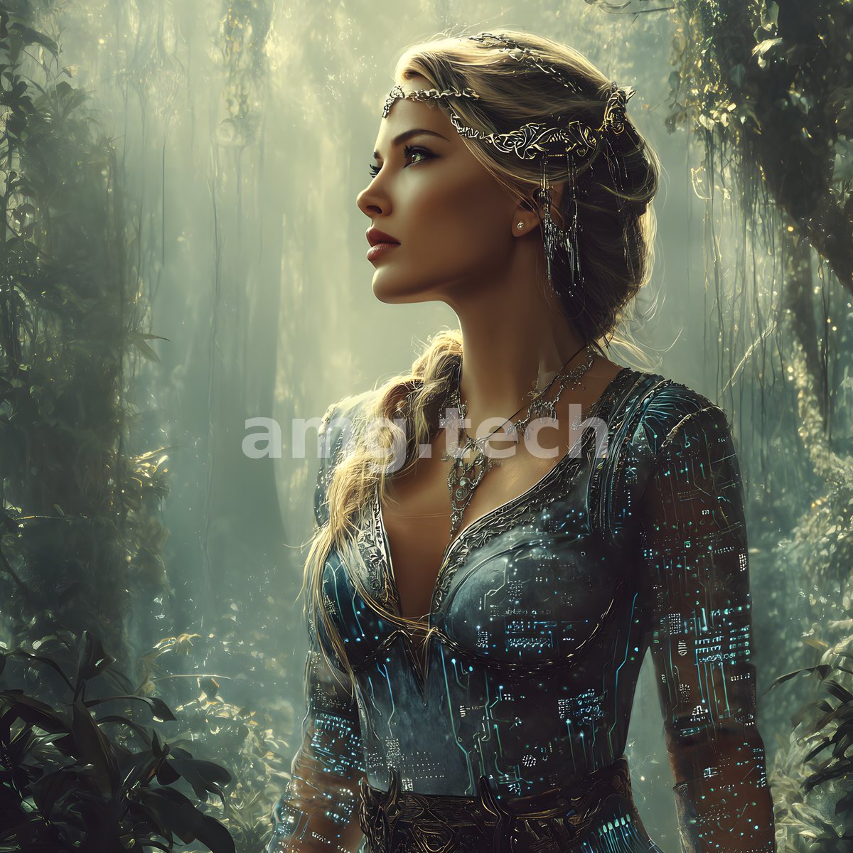 A fair enchantress crowned in silver filigree stands in a sunlit misty forest, her gown alive with threads of glowing blue circuitry.