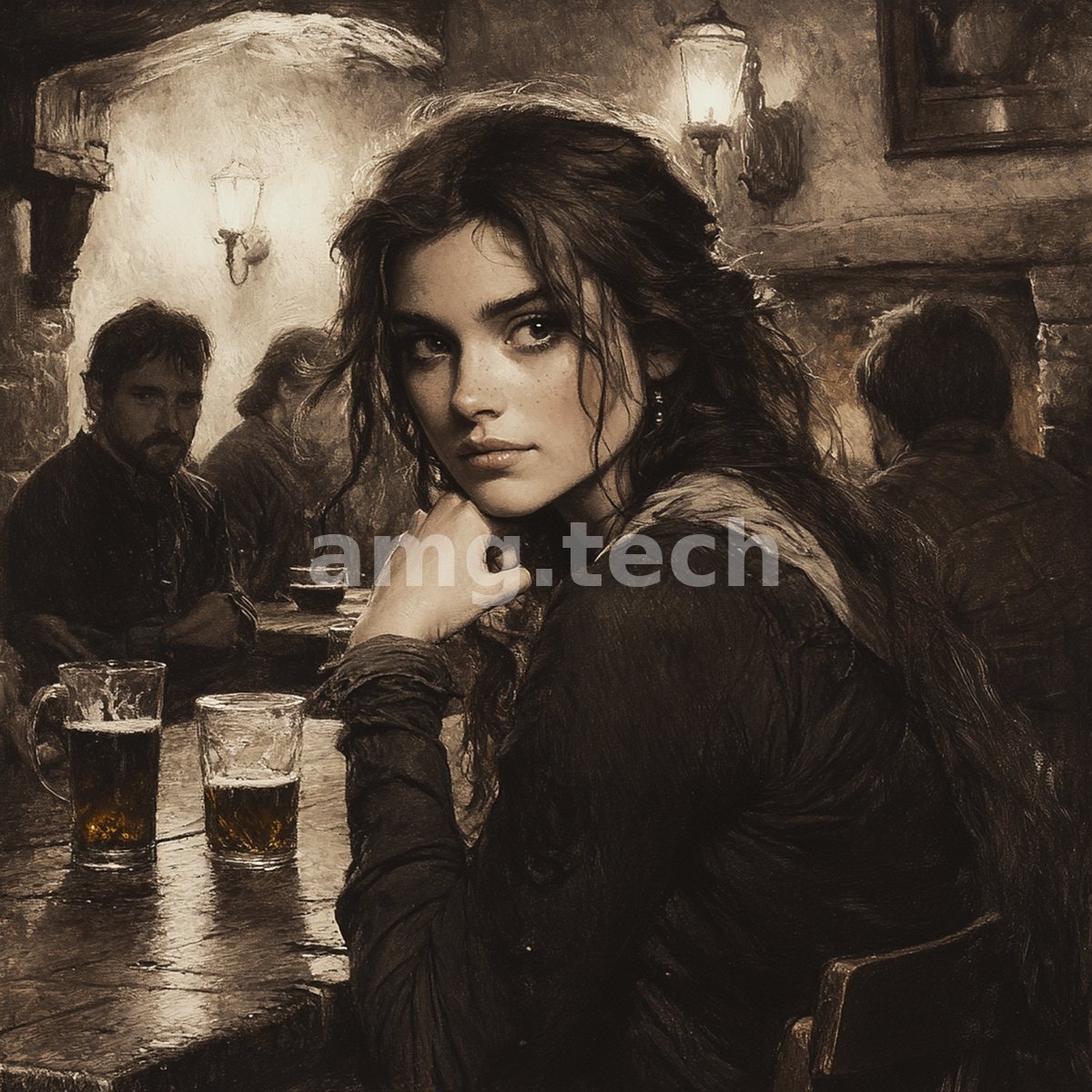 By lamplight a dark-haired woman turns to meet the viewer's eye, tankards before her and patrons murmuring in the shadowed inn.