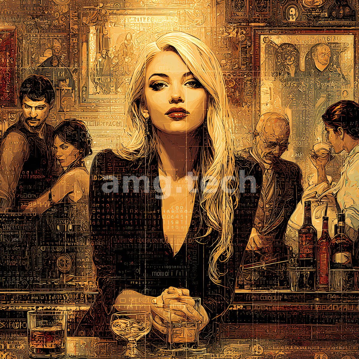 A poised blonde woman commands a gilded, illustrated bar scene where patrons and glassware dissolve into warm layered ornament.