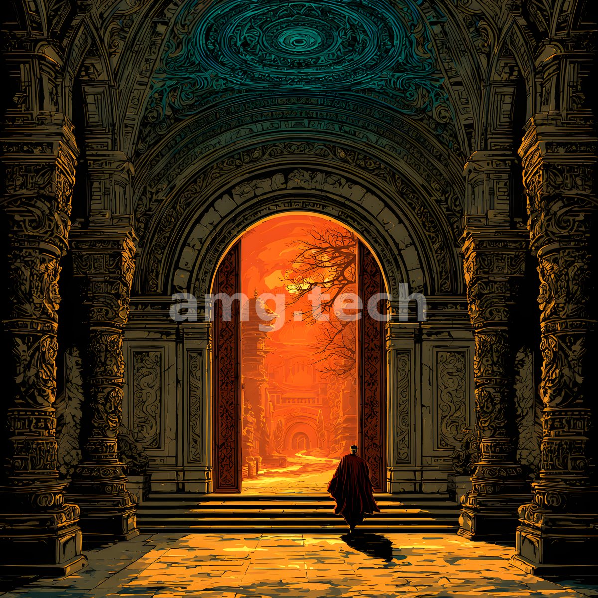 A cloaked figure ascends toward a vast carved archway, drawn onward by a blazing orange world glimpsed beyond the temple doors.