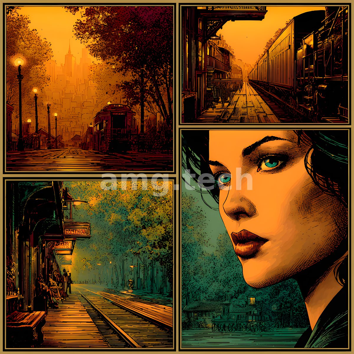 A quartet of amber and jade panels weaves twilight streetcars, empty platforms, and a green-eyed woman into a single cinematic reverie.