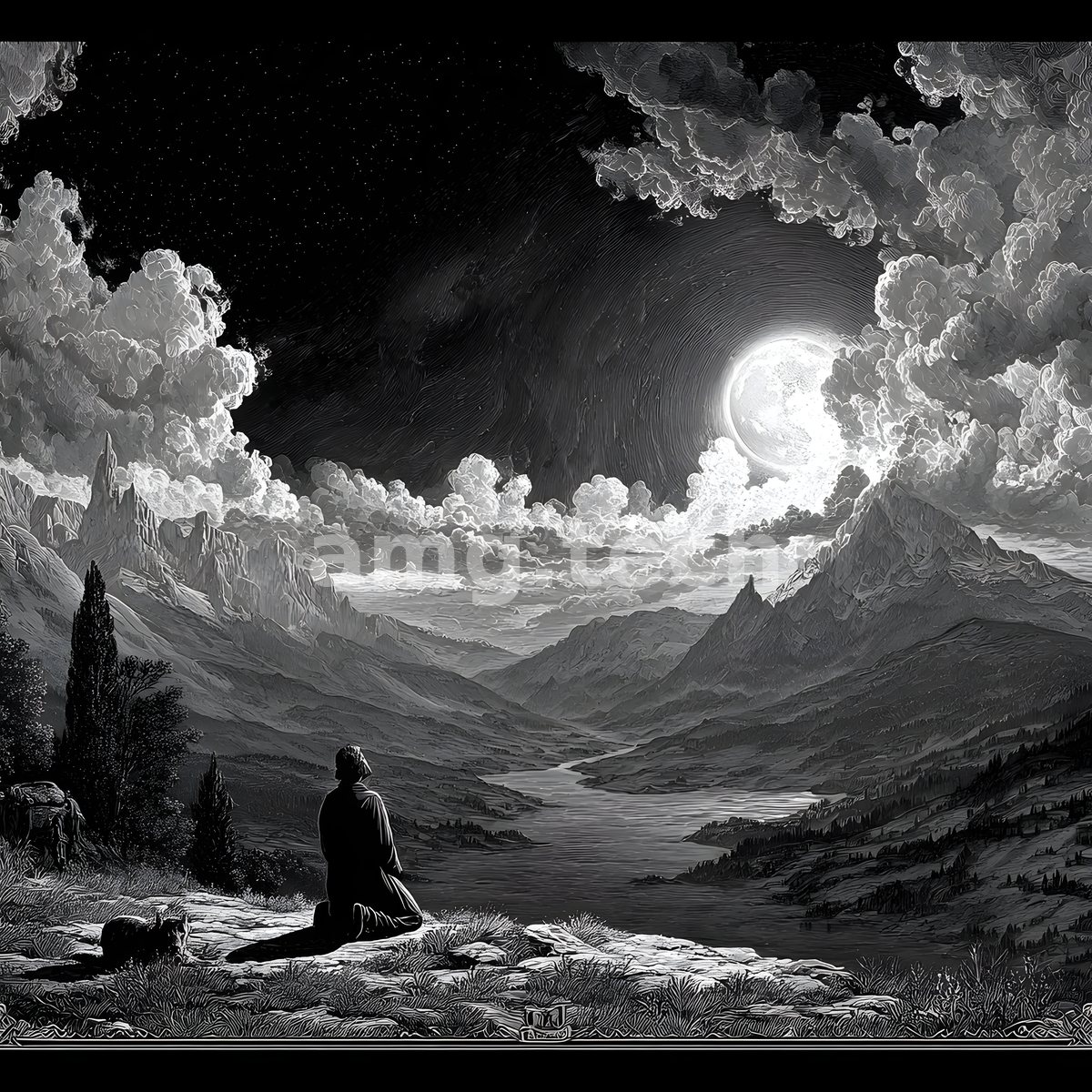 Beneath swirling monochrome clouds and a veiled moon, a lone figure kneels above a silvered valley of engraved peaks and water.