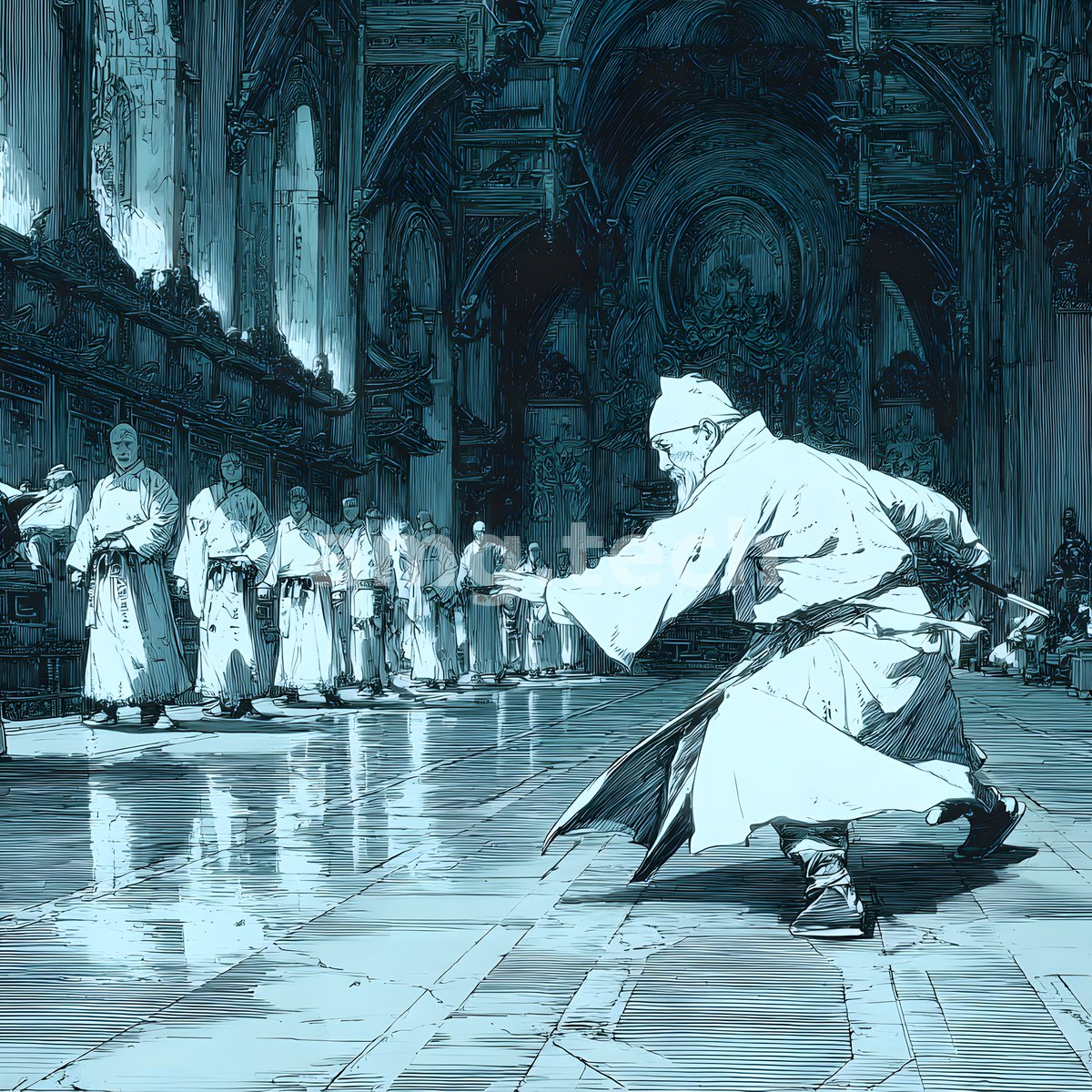 In a shadowed cathedral of steel-blue ink, a lone swordsman lunges low as robed figures gather in silent procession.