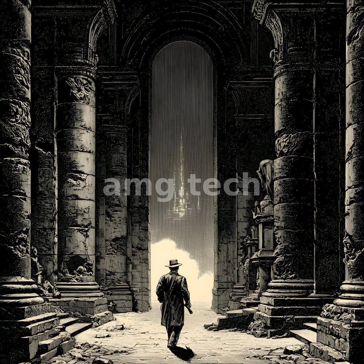 A hatted figure walks between crumbling engraved pillars toward a distant luminous tower rising from pale, dust-lit haze.